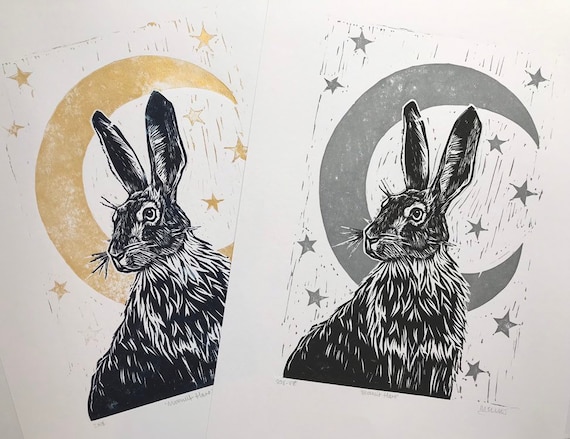 Hare Lino print - Moonlit Hare - Original, handprinted, unframed, unmounted, open edition linocut (hare, wildlife, moon, stars, folklore)