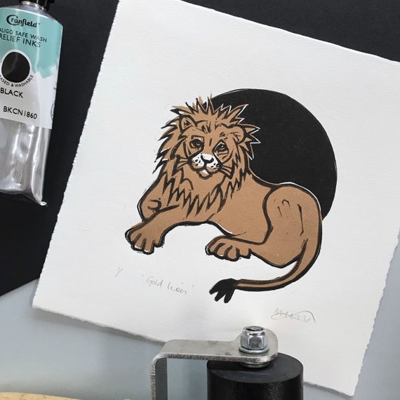 Gold Lion Lino Print, Handprinted Limited Edition Linoprint, Wild Safari Animal Lino Cut