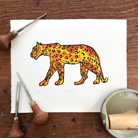 Mini Leopard Lino Print - Limited Edition - animal art, linocut, Linoprint, big cat, spotty wild cat, jaguar, safari, leopard, wall art