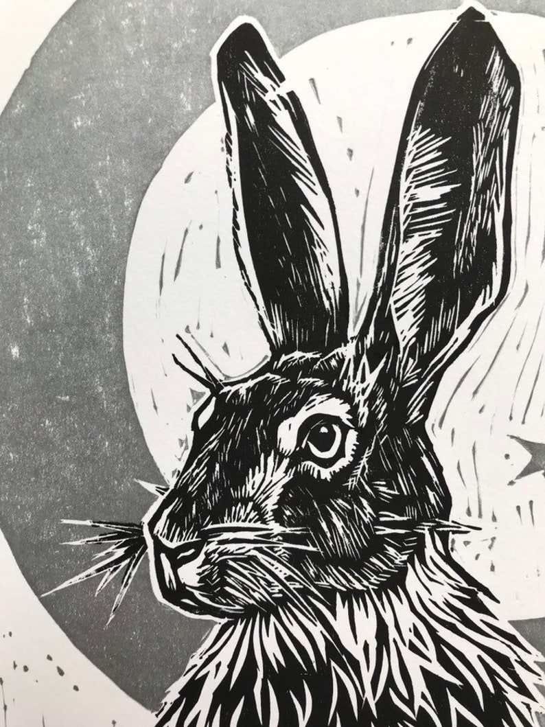Hare Lino print Moonlit Hare Original handprinted Etsy