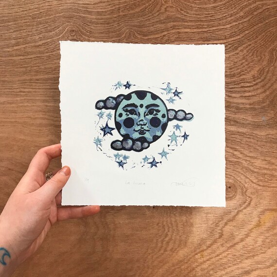 La Luna Limited Edition Linocut - Lino Print - Moon face, lunar, lune, man in the moon, woman in the moon, star, supermoon