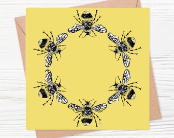 Bee Card - Bees - digitally printed blank greetings card - detail of an original Linoprint (honey, bumble, nature, save the bees)