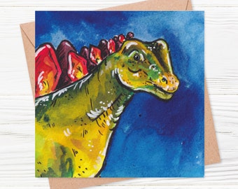 Stegosaurus Watercolour Card - digitally printed blank greetings card - detail of an original watercolour (dinosaur, kids birthday, extinct)