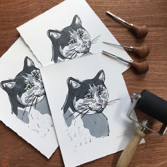 Cat Lino Print - Green Eyes - animal art linocut Linoprint kitten grey cat pet original print Handprinted