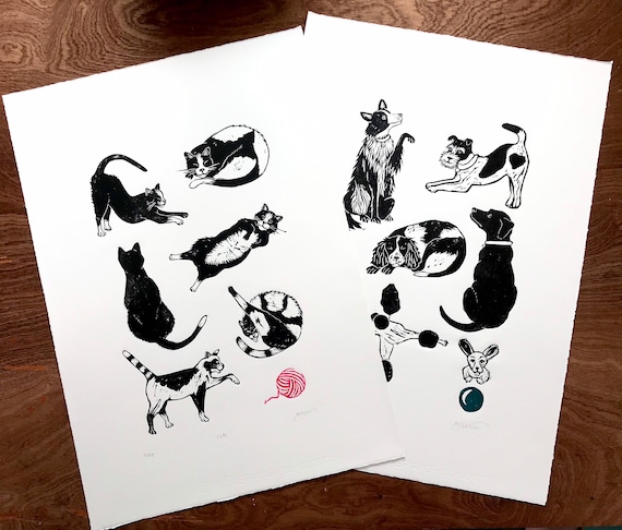 Dogs Lino print - Original, handprinted limited linocut (black dogs, animals, graphic art linoprint, labrador, fox terrier, border collie)