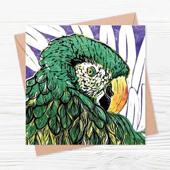 Macaw Card - digitally printed blank greetings card - detail of an original Linoprint (bird, parrot, jungle)