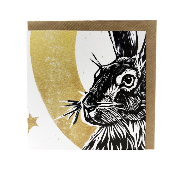 Hare Card - Moonlit Hare - digitally printed blank greetings card - detail of an original Linoprint (Rabbit, Wild, Moon, Folklore, nature)