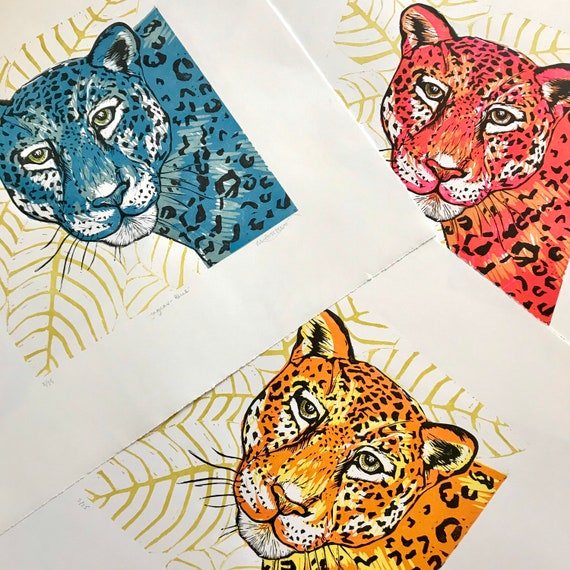 Jaguar - pink, blue, yellow - Big Cat Original Linocut Print - Wild Animal, Wildlife, Leopard, Jungle, Safari, Lino