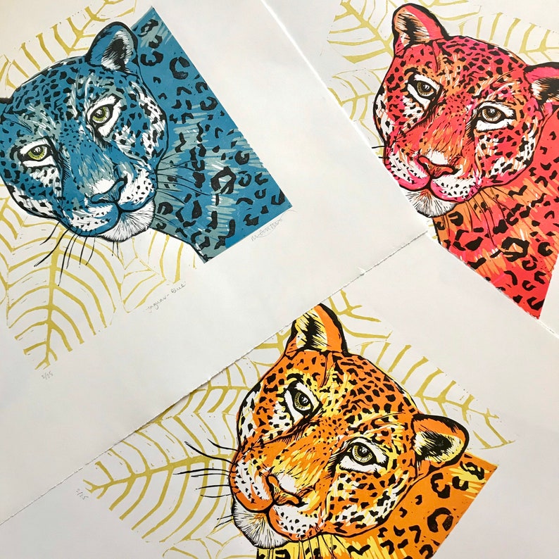 Pink Jaguar Big Cat Original Linocut Print Wild Animal | Etsy