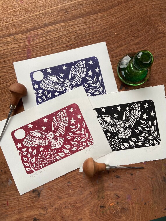 Night Owl Linocut Print - Lino