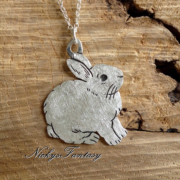 Lapin, blanc, pendentif en argent sterling 925, VRAI fait à la main, avec chaîne, (Veuillez lire la description de l'article avant l'achat)