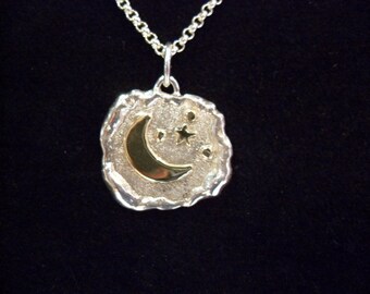 Pendant Moon, Stars, night sky, 925 sterling silver, 585 gold, melted