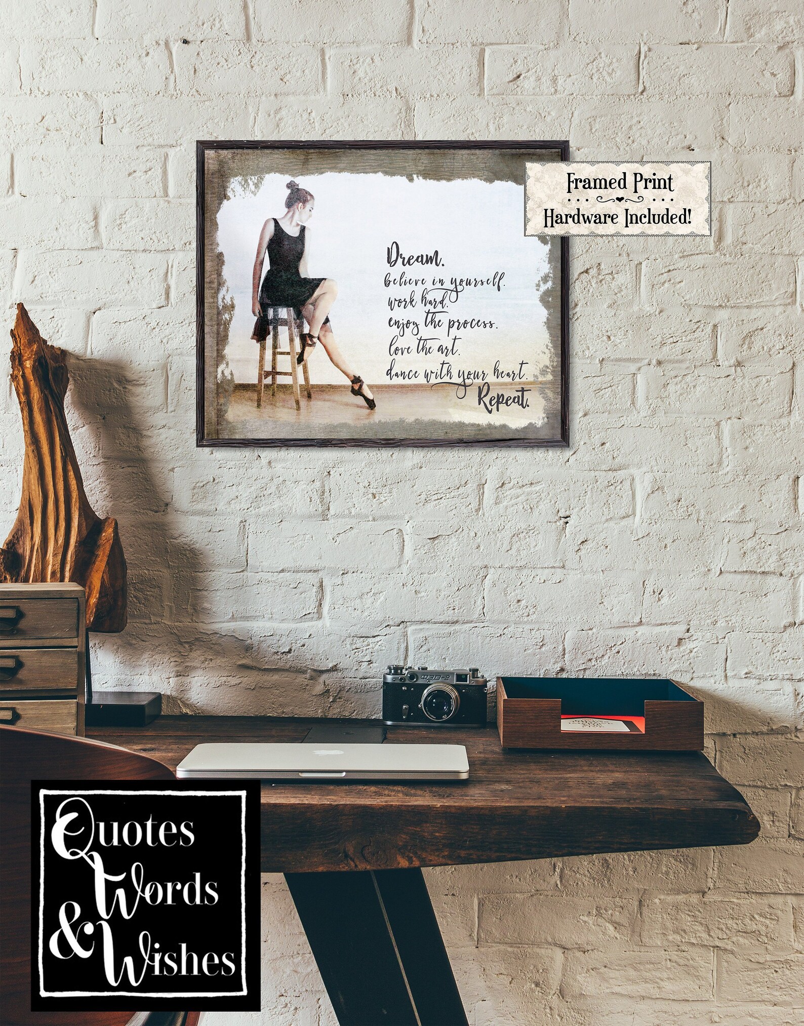 poster ballet quote print. framed with vintage, rustic vibe. perfect gift for dancer. wall art for loves to dance. print for dan