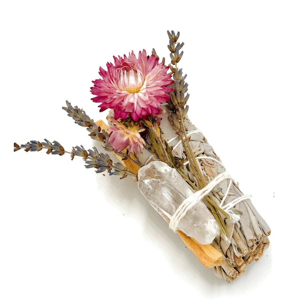 Floral Healing Smudge Bundle / Quartz / White Sage / Smudge Stick