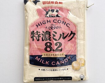 88g Milk Candy Confectionery Bag from Japan. Our zippered bags are fully lined and covered in a durable and hard wearing PVC.
