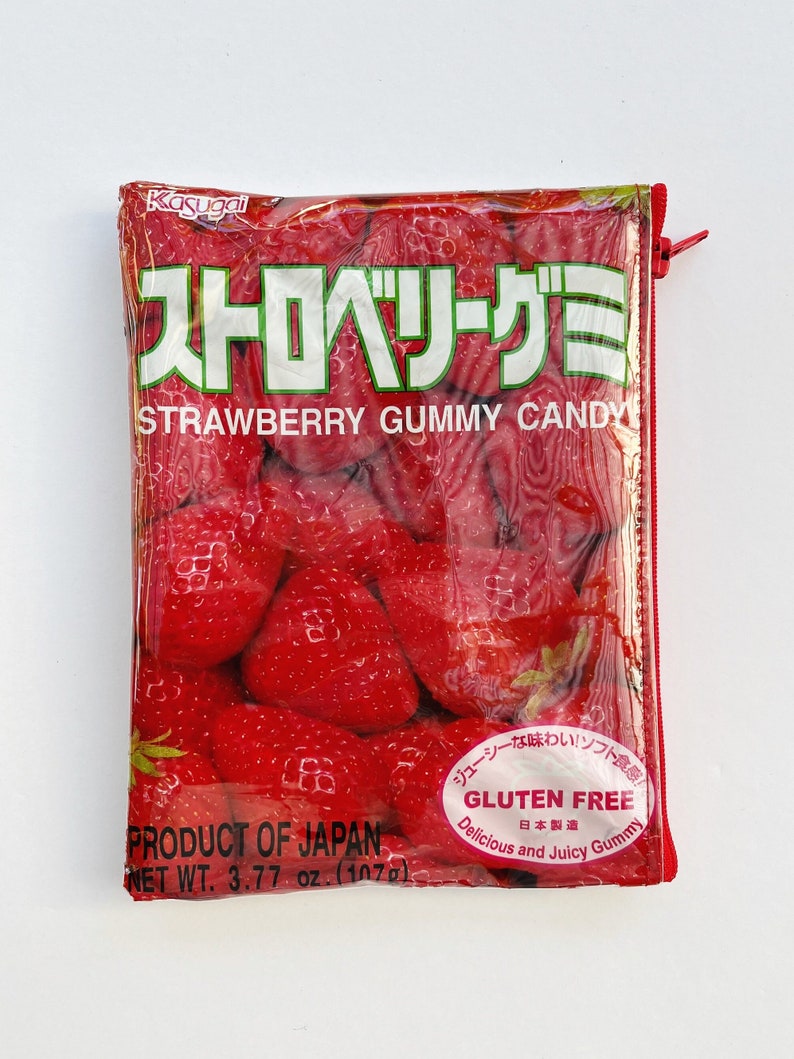 107g Strawberry Gummy Confectionery Bag from Japan. Our zippered bags are fully lined and covered in a durable and hard wearing PVC. image 1