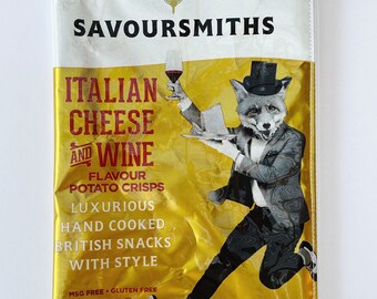 150g Italian Cheese & Wine Flavoured Potato Chip Bag from the UK. Our zippered bags are fabric lined and covered in PVC.