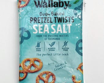 100g Sea Salt Pretzel Bag. Our zippered bags are fabric lined and covered in a durable PVC.