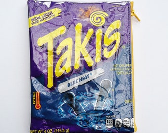 113gTakis Blue Heat Tortilla Chip Bag from Mexico. Our zippered bags are fabric lined and covered in PVC.