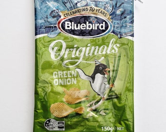 150g Green Onion Flavoured Chip Bag from New Zealand. Our zippered bags are fabric lined and covered in PVC.