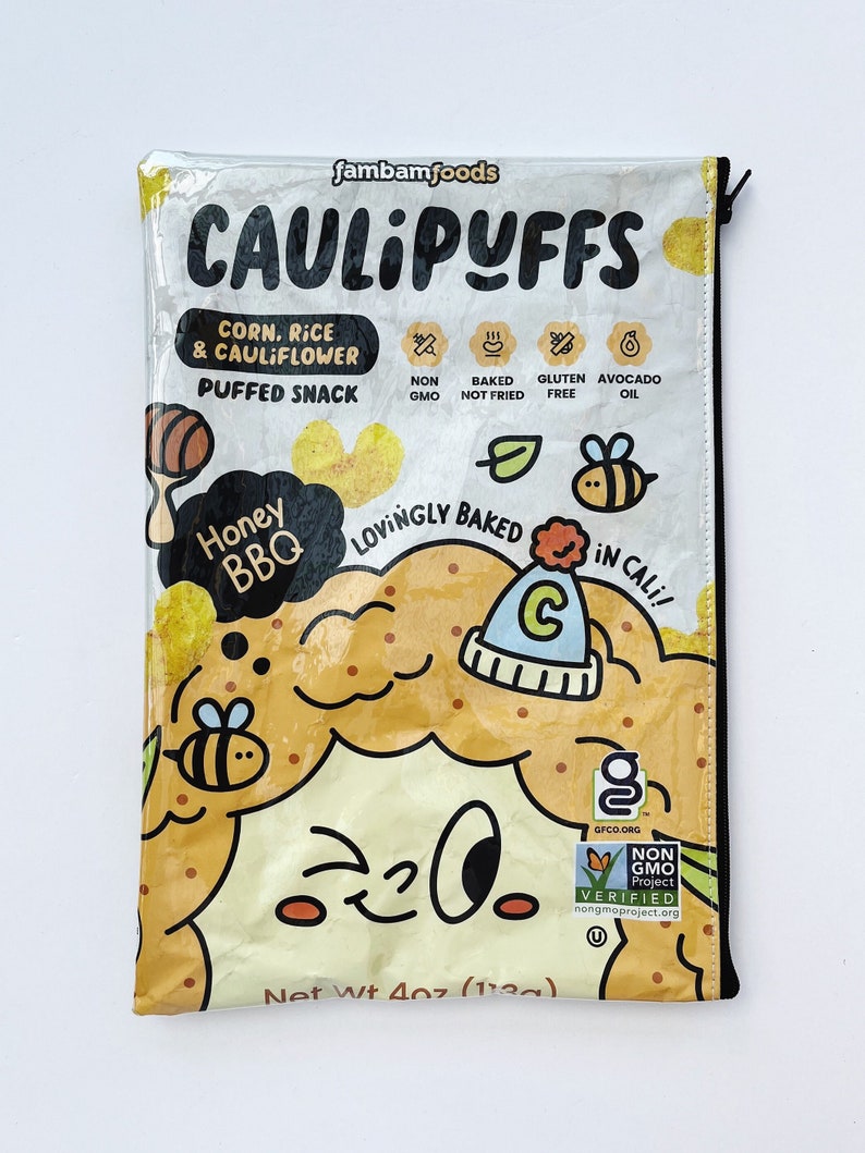113g Honey BBQ Caulipuffs Bag from the USA. Our zippered bags are fabric lined and covered in a durable PVC. image 1