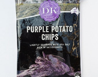 90g Purple Potato Chip Bag. Our zippered bags are fabric lined and covered in a durable PVC.