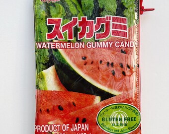 107g Watermelon Gummy Confectionery Bag from Japan. Our zippered bags are fully lined and covered in a durable and hard wearing PVC.