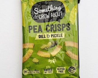100g Dill & Pickle Pea Crisps Bag from New Zealand. Our zippered bags are fabric lined and covered in PVC.