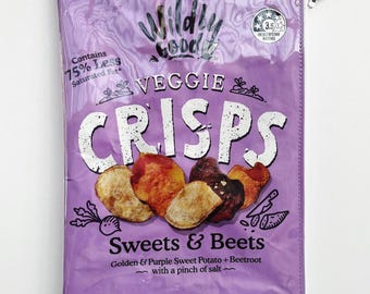 80g Veggie Crisps Sweets & Beets Chip Bag. Our zippered bags are fabric lined and covered in a durable PVC.