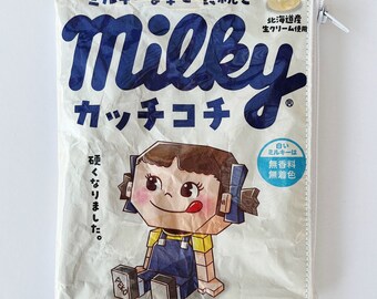80g Milky Confectionery Bag from Japan. Our zippered bags are fabric lined and covered in PVC.