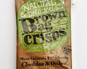 40g Brown Bag Crisps Bag from the UK. Our zippered bags are fabric lined and covered in PVC.