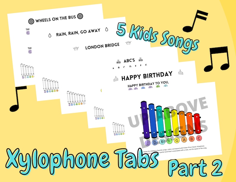 Xylophone Sheet Music 5 Kids Songs Part 2 Etsy