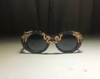 Rhinestones Bedazzled Snake Medusa Cleopatra Black Gold | Handmade Sunglasses | Pretty Bejeweled Bling shiny glasses for dog cat