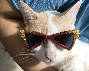 Rhinestones Shimmer Glitter Funky Red Gold Sunnies | Handmade Sunglasses | Pretty Jeweled Hollywood Bling shiny glasses for dog cat