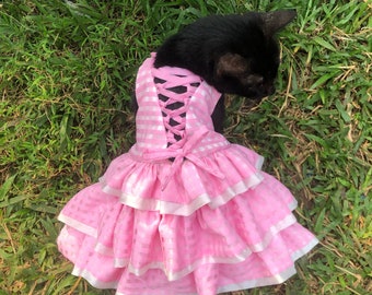 Vestido de organza de cuadros vichy rosa. Vestido de picnic para perro gato. Vestido de cupcake de algodón de azúcar. Disfraz de barbie de margot robbie. Corsé