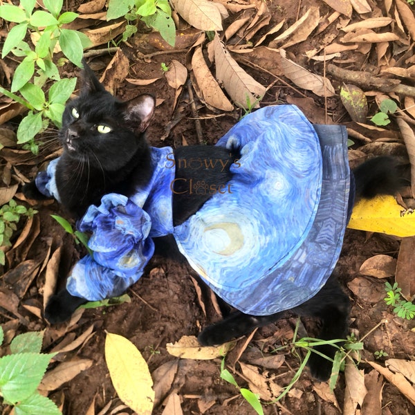 Selkie Van Gogh painting The starry moonlight inspired dress. Organza. Multi tiered puff sleeves. Unique cat dog dress. Navy.