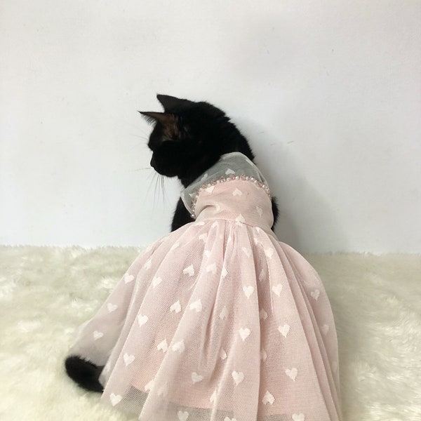 White Pink Heart Off Shoulder tulle dress with cheko pearls. Custom made for cat dog rabbit. Flower girl. Bridesmaid. Wedding dress