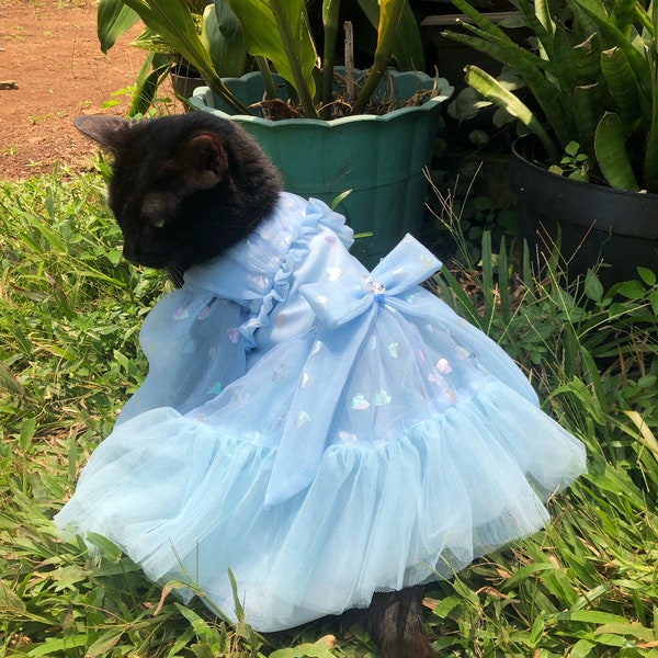 Blue Hearty Cottagecore Princess dress custom made for cat dog rabbit. Pet wedding dress. Bridesmaids dress. Swarovski