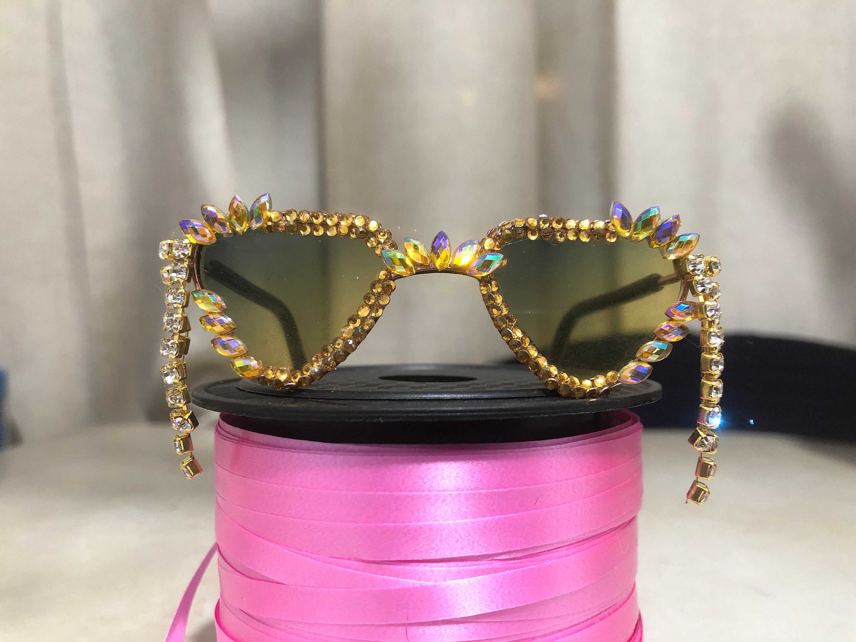 Rhinestones Gold Glitter Diamond String Magnificent Fancy | Handmade Sunglasses | Pretty Jeweled Hollywood Bling shiny glasses for dog cat