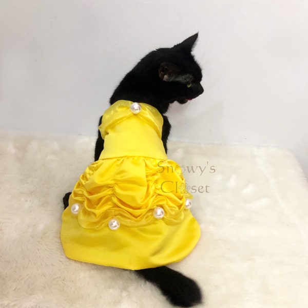 Belle dog cat vestido de disfraz amarillo. La bella de Disney y el vestido de la bestia.
