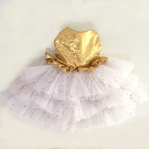 May include: A gold and white tulle dog dress with gold stars. The dress has a gold bodice and a white tulle skirt with gold stars.