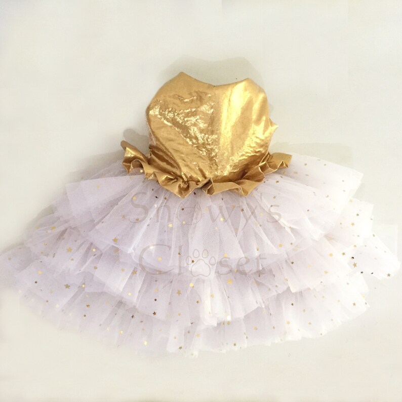 May include: A gold and white tulle dog dress with gold stars. The dress has a gold bodice and a white tulle skirt with gold stars.