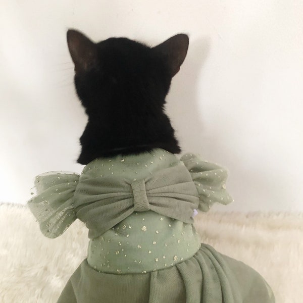 Green Sage Glitter Ruffle Tulle wedding birthday dress. Quinceanera. Custom made for cat dog pet. Flower girl. Bridesmaid dress.