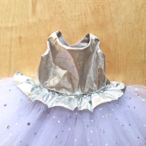 May include: A silver and white tulle dress with a silver bodice and a white tulle skirt with silver glitter stars.