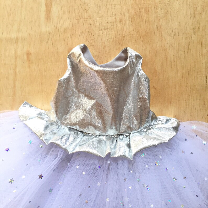 May include: A silver and white tulle dress with a silver bodice and a white tulle skirt with silver glitter stars.