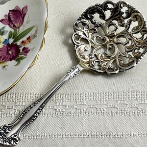 May include: A silver-colored, ornate serving spoon with a detailed, openwork design on the serving surface. The handle has a decorative pattern. A floral-decorated dish with a gold rim is in the background.
