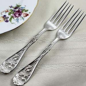 May include: Two silver-toned metal forks featuring an embossed floral pattern on the handles. Each fork has four tines and a polished finish. The handles display detailed relief carvings of flowers and leaves, extending from the base upward.
