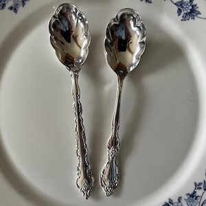 May include: Two ornate silver spoons with scalloped bowls rest on a white plate with a blue floral border. The spoons have detailed handles and reflect the surrounding environment. The spoons are likely for serving or dessert.