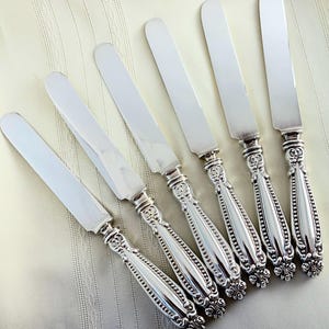 Antique Silver Dinner Knives Set 6 Ornate Victorian Table Setting Vintage Flatware
