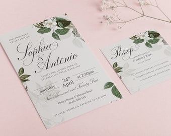 May include: Wedding invitation with floral design. The invitation is white with green and white flowers. The text reads "Sophia & Antonio" and includes the date, time, and location of the wedding. The RSVP card is also white with floral design and includes the date to RSVP.